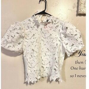 Valentine Womens White Floral Lace Puff Sleeve Mock Neck Top Bridal Victorian